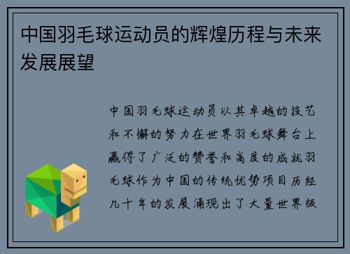 中国羽毛球运动员的辉煌历程与未来发展展望